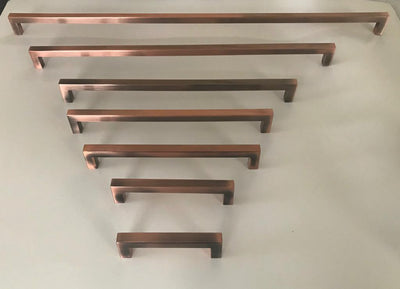 Antique Copper Square Bar Pull Cabinet Handle - Sizes 4" to 24" - (1/2" Thickness)